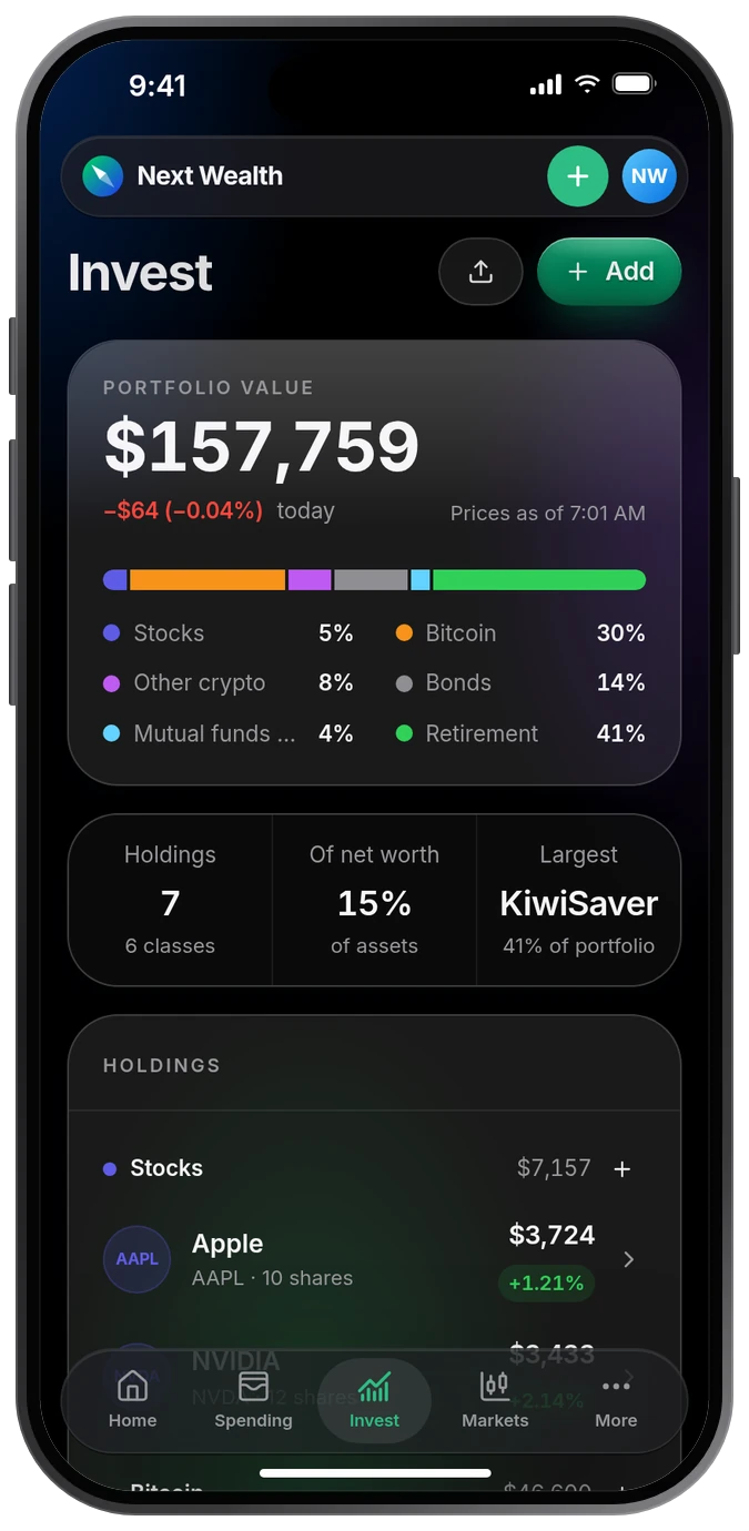 Next Wealth on iPhone: the Invest screen, with portfolio value, allocation by asset class and live-priced holdings.